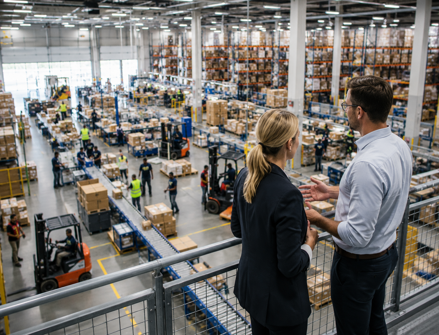 Managers overlooking a distribution warehouse